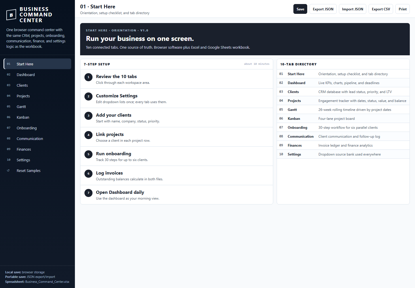 Business Command Center start screen with setup checklist and ten-tab directory