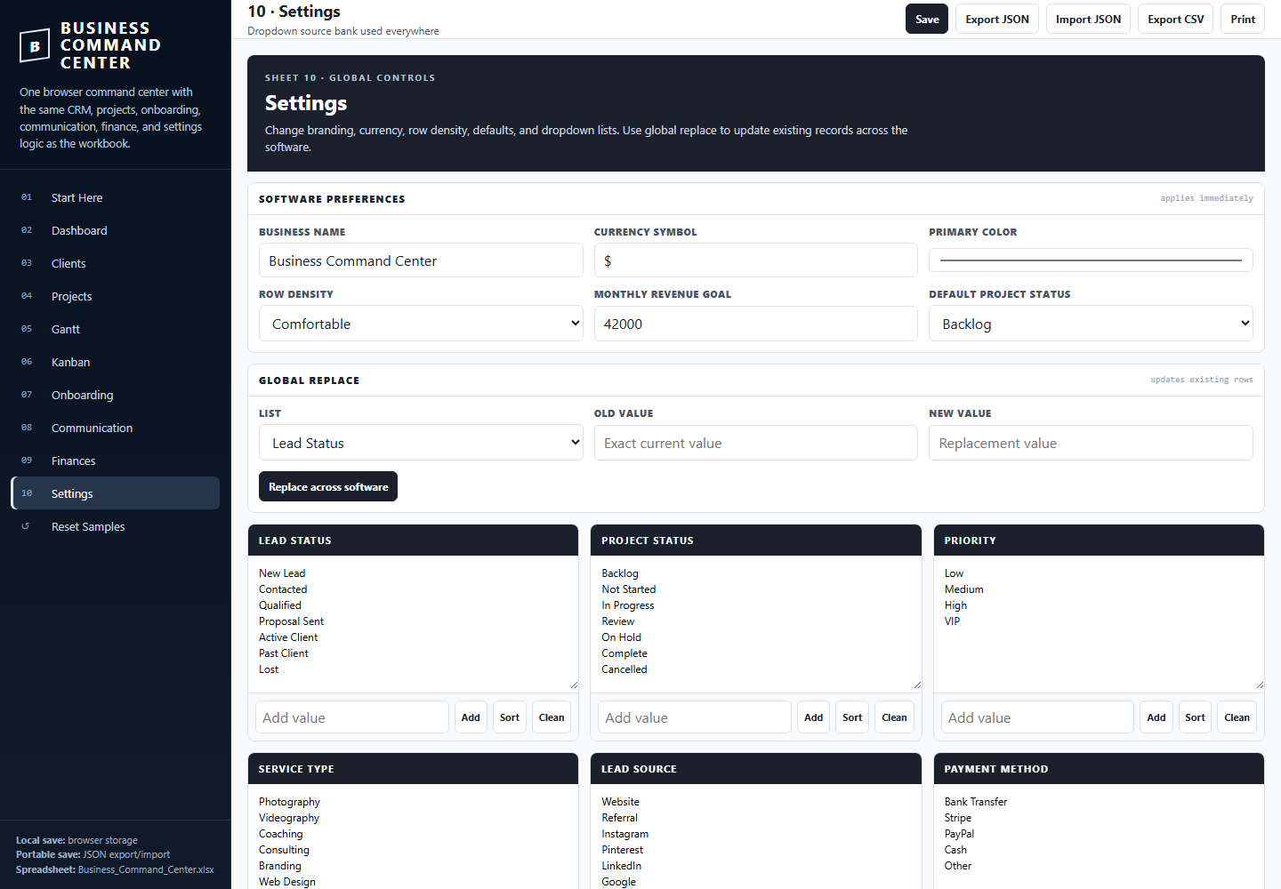 Business Command Center settings page